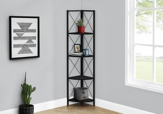 Bookshelf, Bookcase, Etagere, Corner, 4 Tier, 60"h, Office, Bedroom, Black Laminate, Black Metal, Contemporary, Modern
