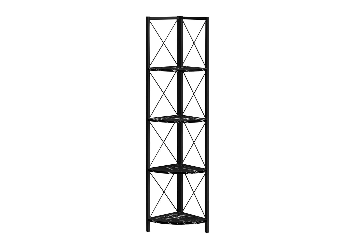 Bookshelf, Bookcase, Etagere, Corner, 4 Tier, 60"h, Office, Bedroom, Black Marble Look Laminate, Black Metal, Contemporary, Modern