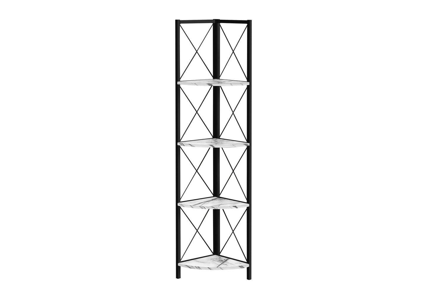 Bookshelf, Bookcase, Etagere, Corner, 4 Tier, 60"h, Office, Bedroom, White Marble Look Laminate, Black Metal, Contemporary, Modern