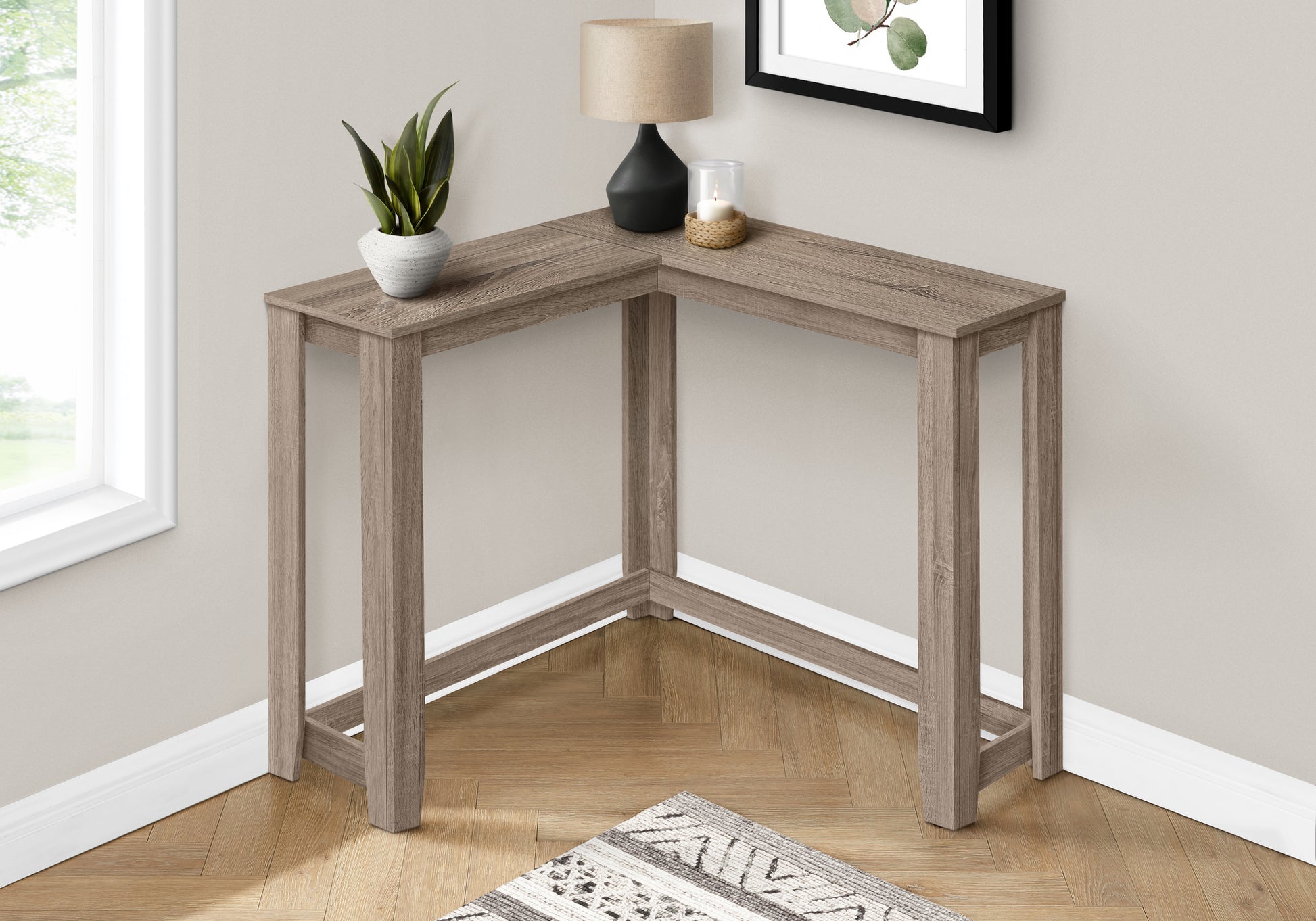 Taupe Entry Console Table with Corner Design for Hallway Storage for Living Room
