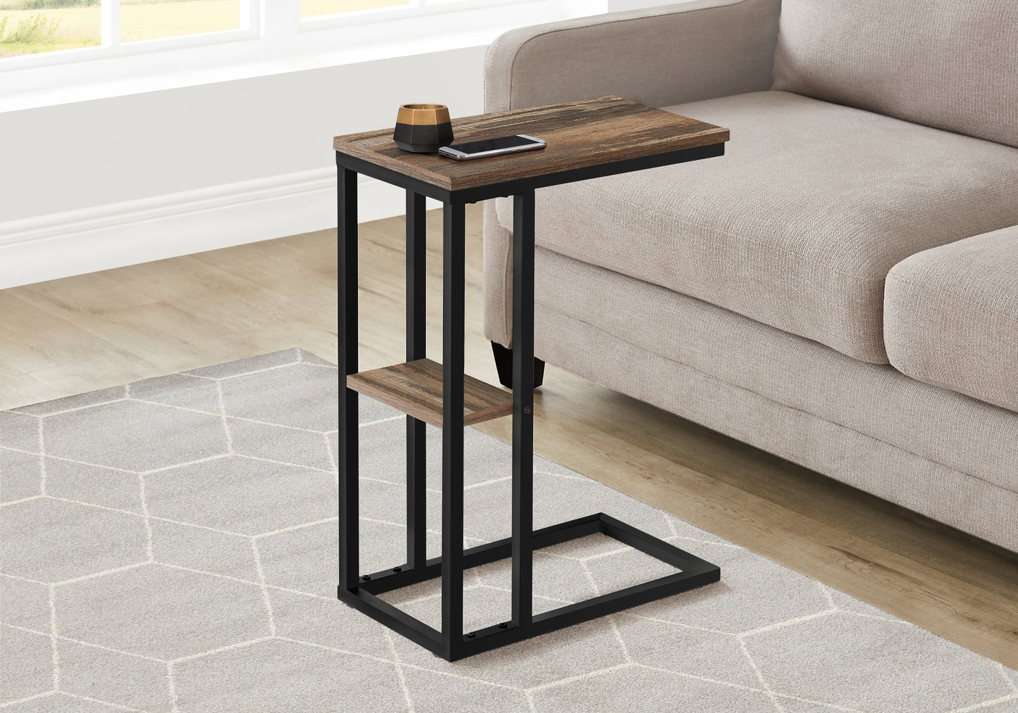Accent Table, C-shaped, End, Side, Snack, Living Room, Bedroom, Brown Laminate, Black Metal, Contemporary, Modern