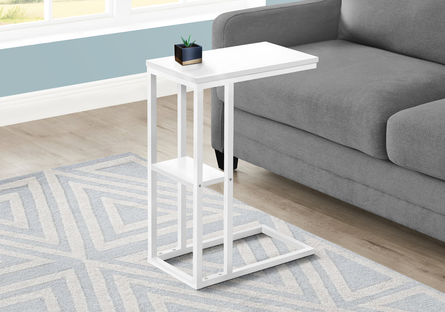 Accent Table, C-shaped, End, Side, Snack, Living Room, Bedroom, White Laminate, White Metal, Contemporary, Modern