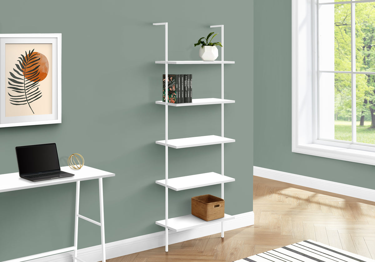 5-Tier White Metal Bookshelf - 72" Tall Display Shelf for Living Room