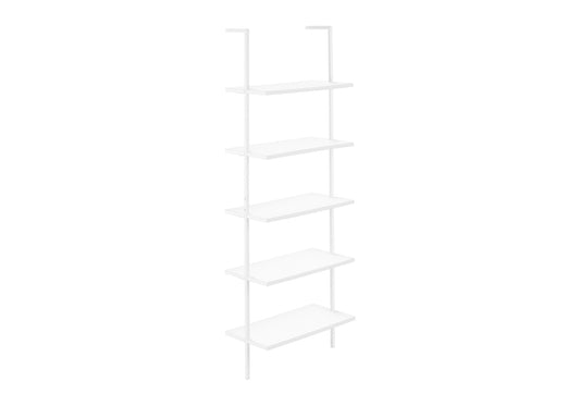 Bookshelf, Bookcase, Etagere, Ladder, 5 Tier, 72"h, Office, Bedroom, White Laminate, White Metal, Contemporary, Modern