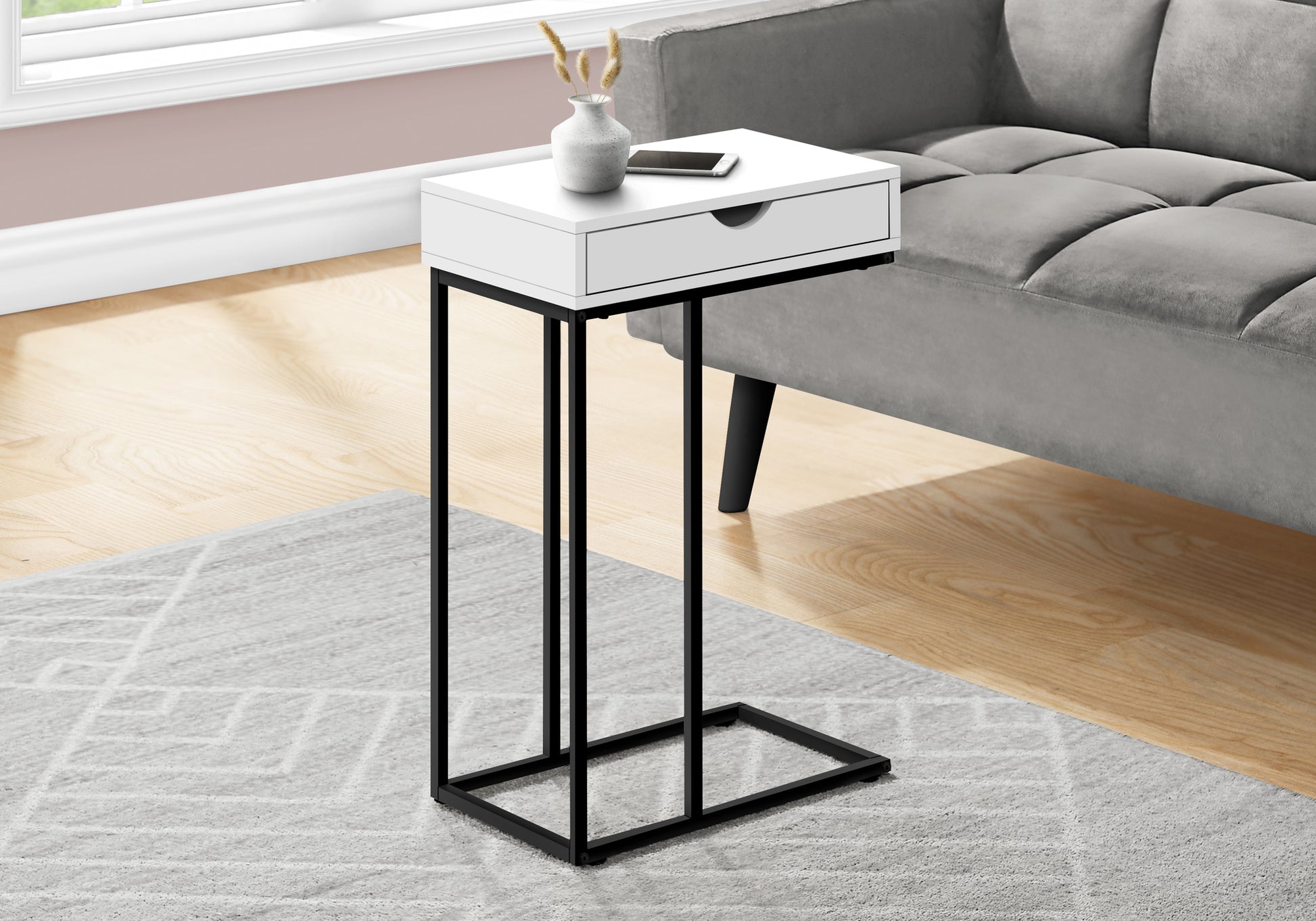 Accent Table, C-shaped, End, Side, Snack, Storage Drawer, Living Room, Bedroom, White Laminate, Black Metal, Contemporary, Modern