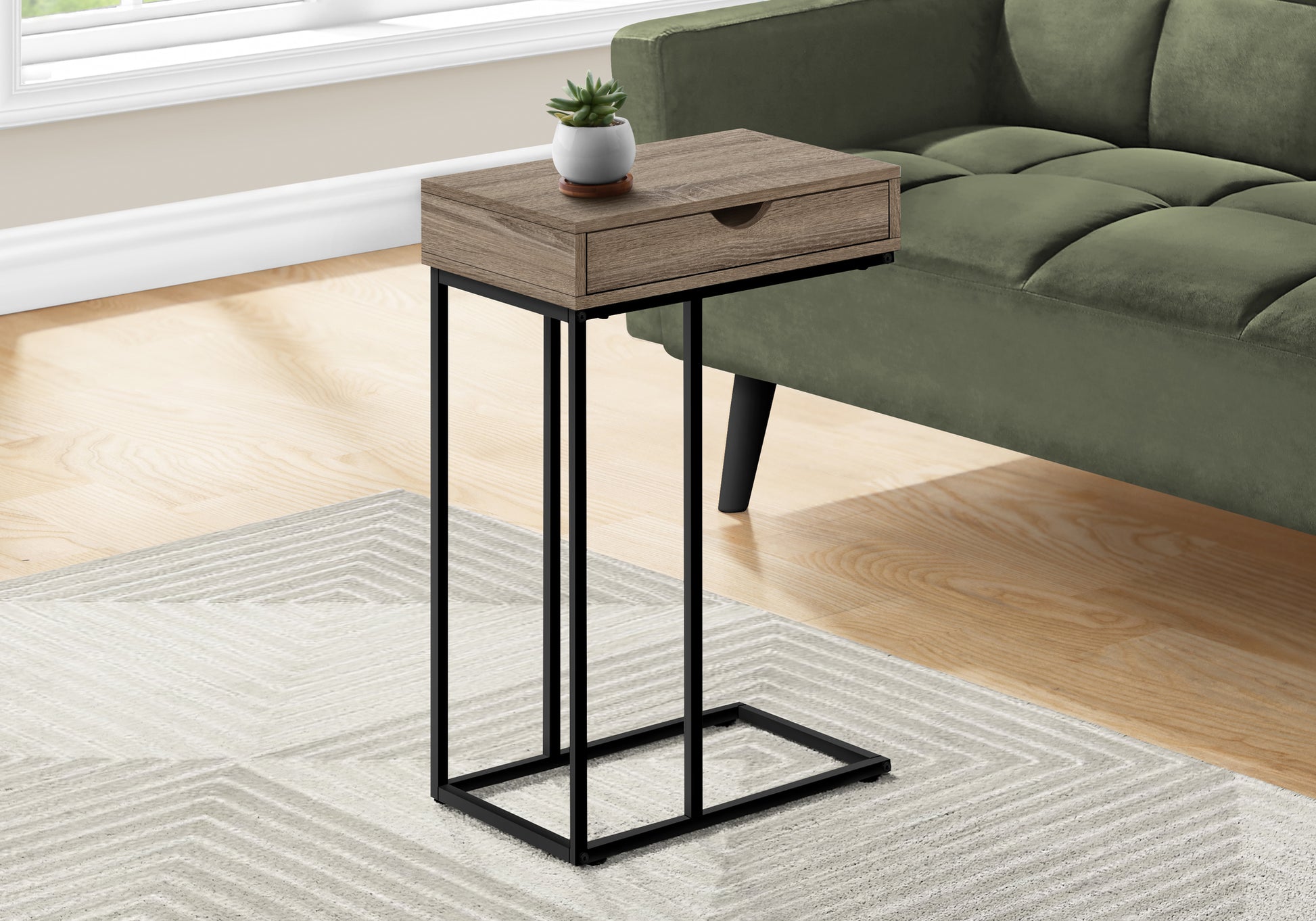 Accent Table, C-shaped, End, Side, Snack, Storage Drawer, Living Room, Bedroom, Brown Laminate, Black Metal, Contemporary, Modern