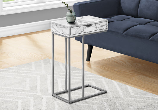 Accent Table, C-shaped, End, Side, Snack, Storage Drawer, Living Room, Bedroom, White Marble Look Laminate, Grey Metal, Contemporary, Modern