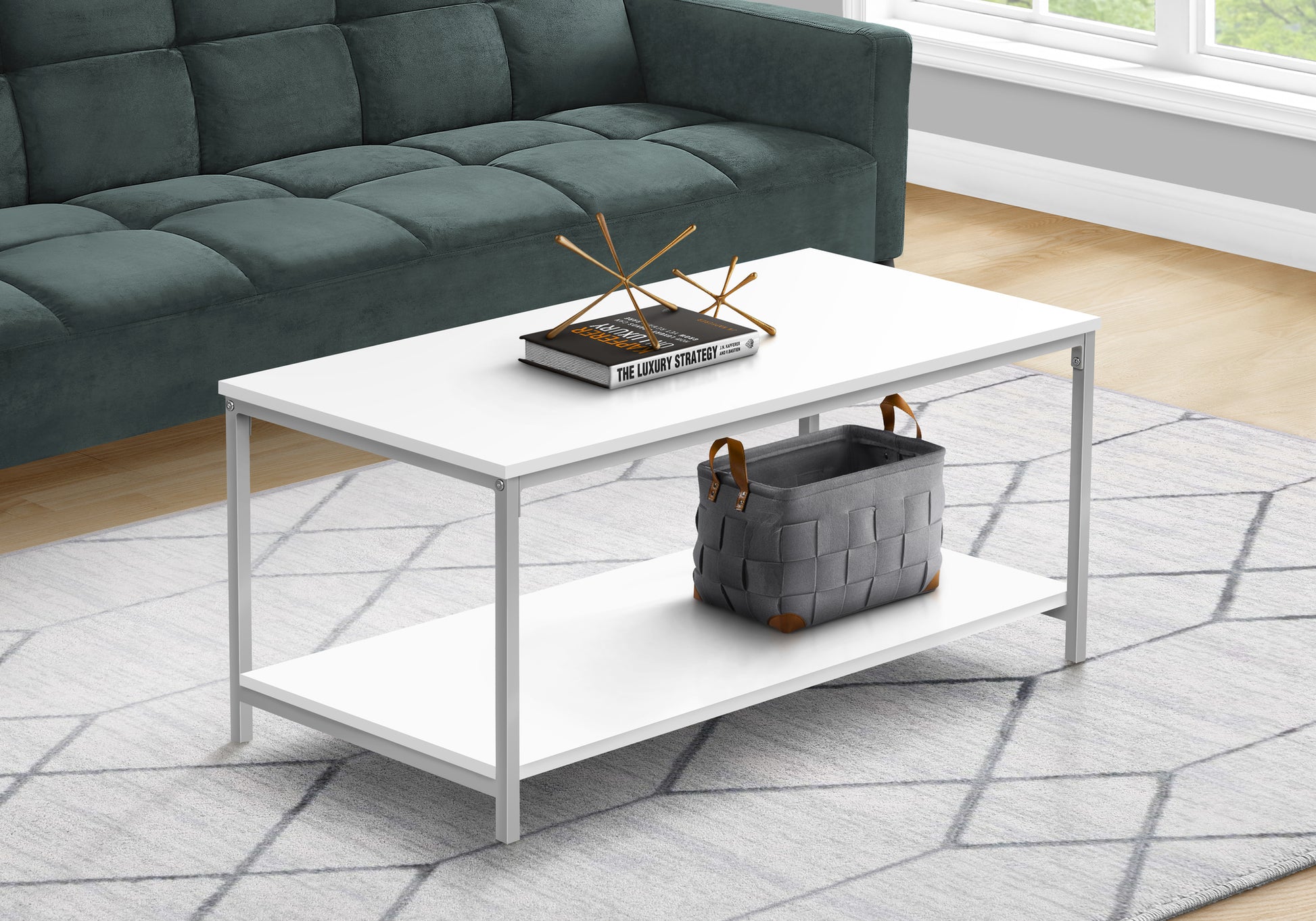 Coffee Table, Accent, Cocktail, Rectangular, Living Room, 40"l, White Laminate, Grey Metal, Contemporary, Modern