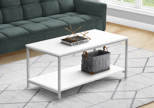 Coffee Table, Accent, Cocktail, Rectangular, Living Room, 40"l, White Laminate, Grey Metal, Contemporary, Modern