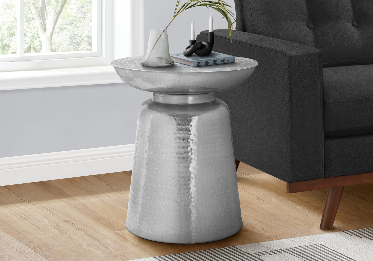 Accent Table, Drum, Side, End, Nightstand, Lamp, Living Room, Bedroom, Chrome Metal, Contemporary, Modern