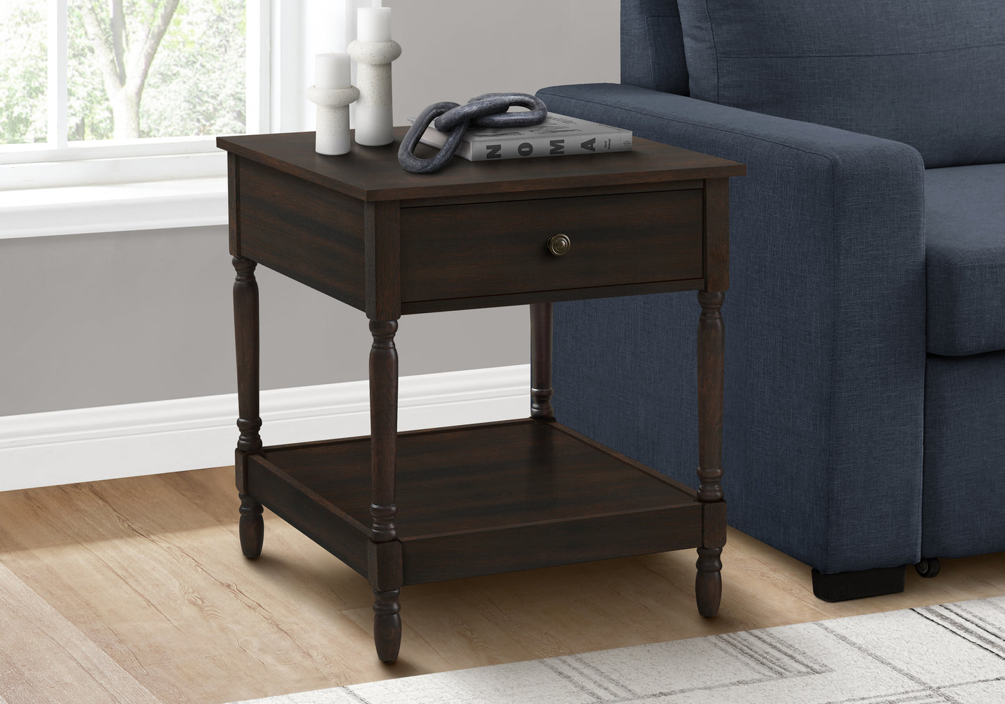 Accent Table, 2 Tier, End, Side Table, Square, Nightstand, Bedroom, Lamp, Brown Veneer, Traditional