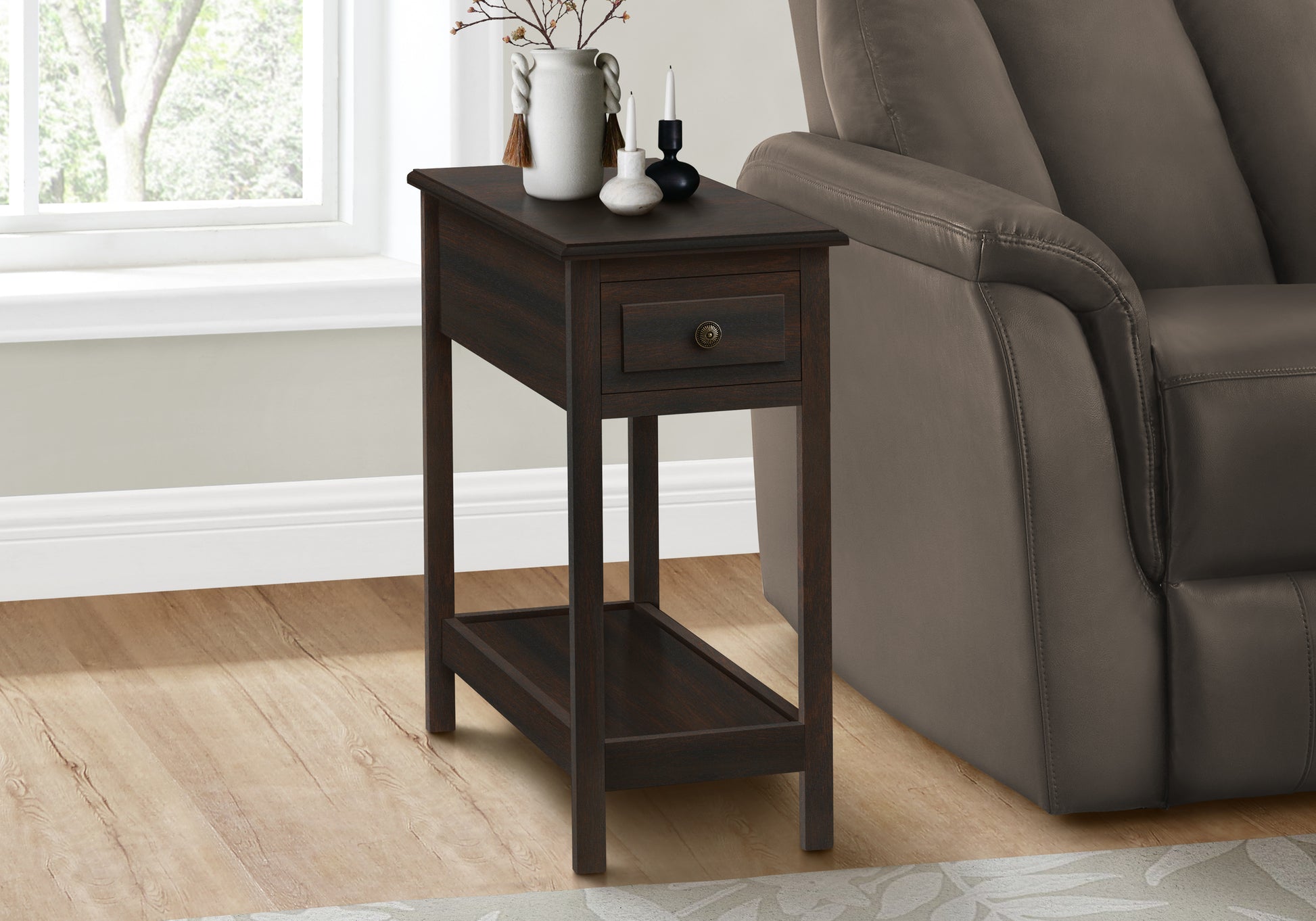 Accent Table, 2 Tier, End, Side Table, Narrow, Nightstand, Bedroom, Storage Drawer, Lamp, Brown Veneer, Transitional