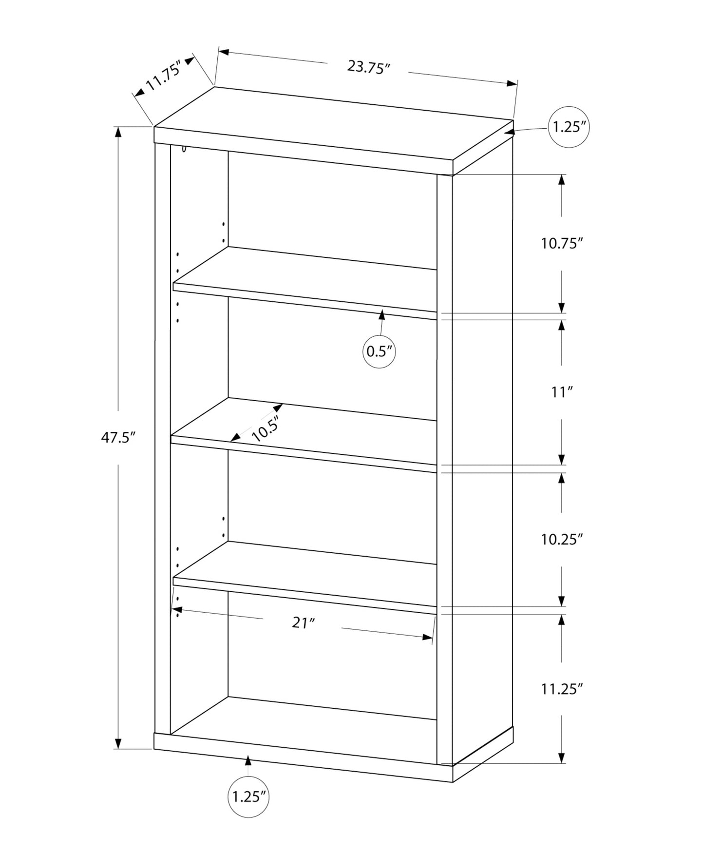 Taupe Particle Board 47.5" Bookshelf - 4 Shelves for Living Room