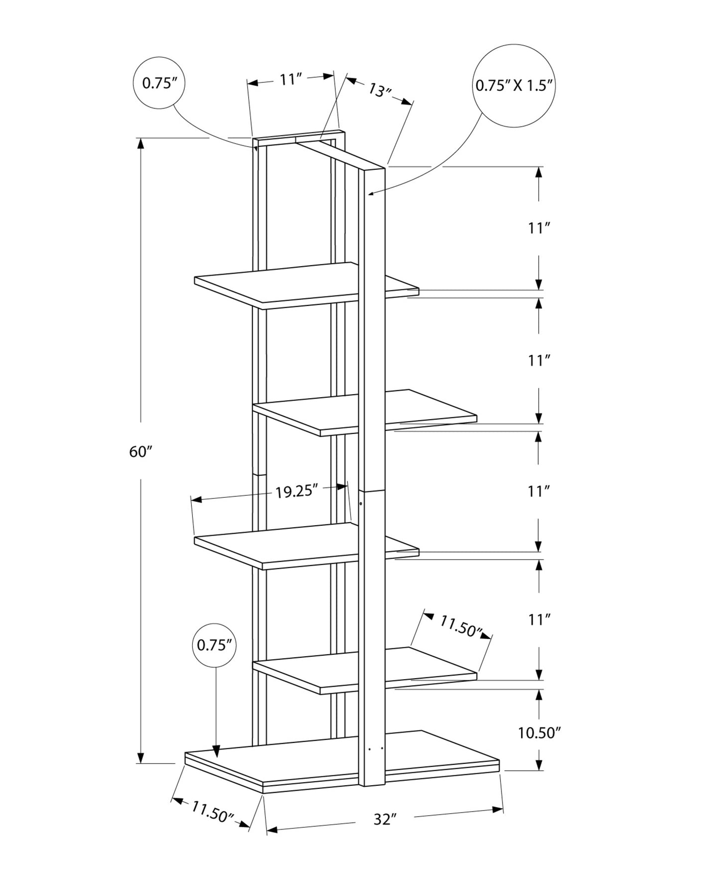 Taupe Zig-Zag Bookshelf - 5 Tier Display Unit for Living Room