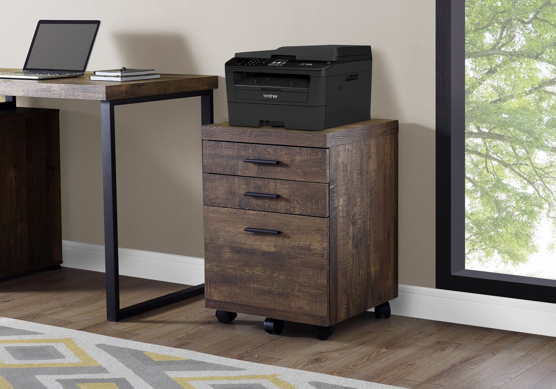 Brown Rolling File Cabinet - 3 Drawers, Printer Stand