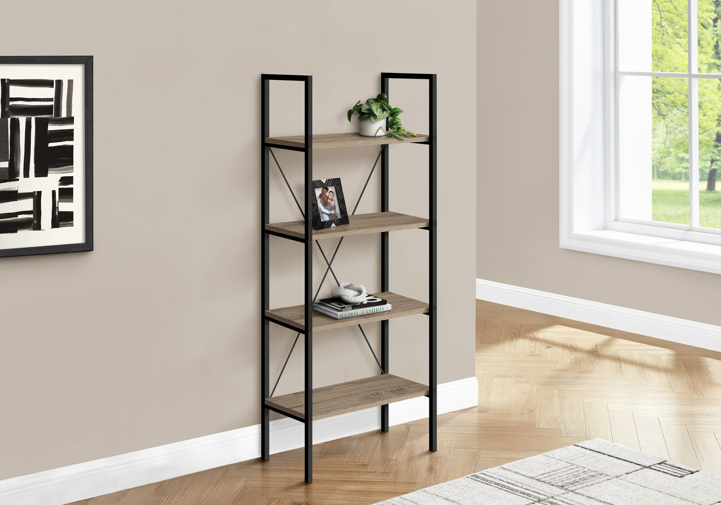 Bookshelf, Bookcase, 4 Tier, 48"h, Office, Bedroom, Brown Laminate, Black Metal, Contemporary, Modern