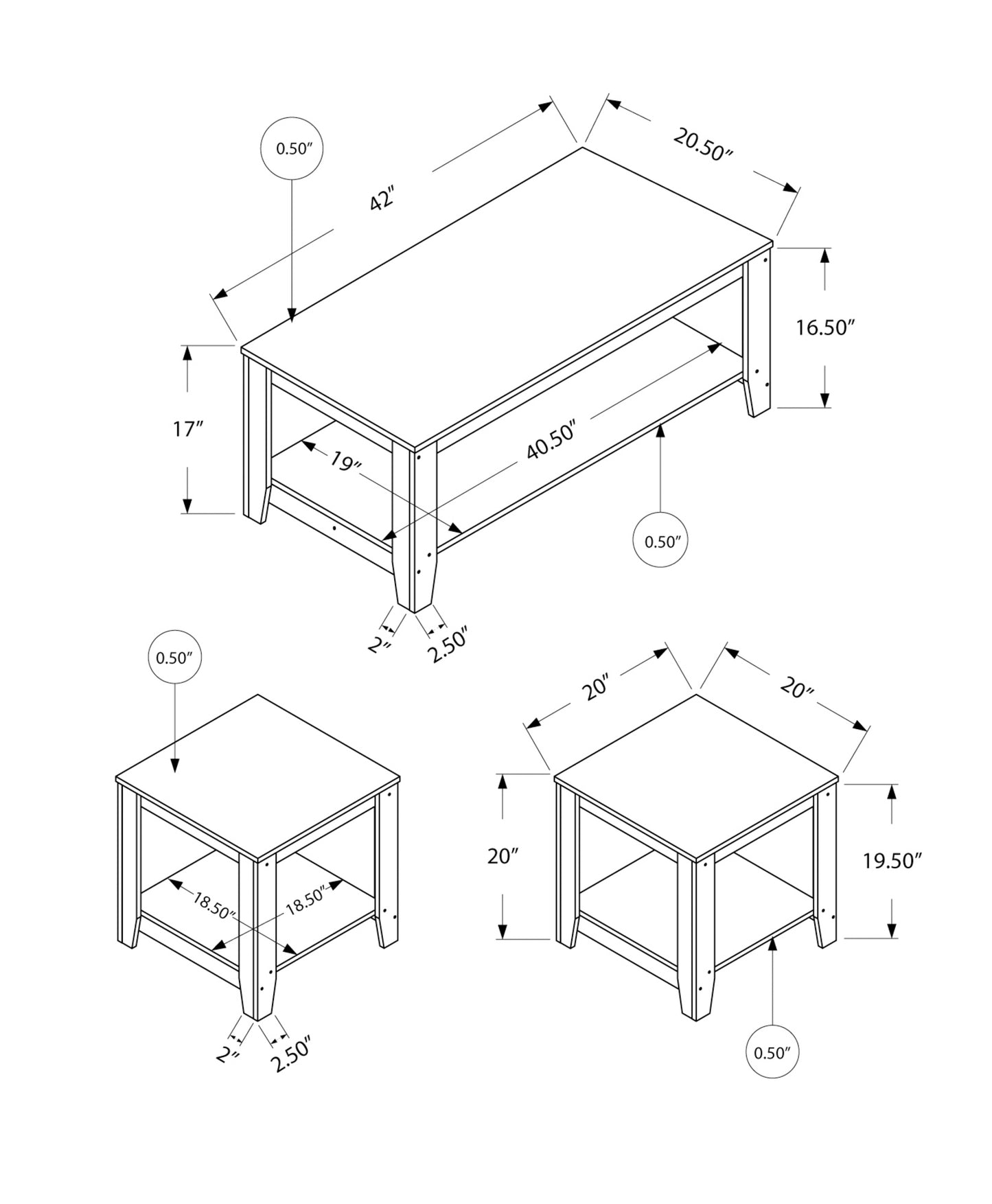 3 Piece Grey Coffee Table Set with Storage
