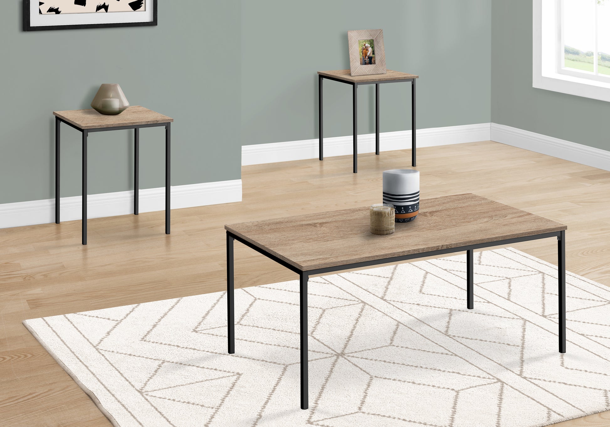 Table Set, 3pcs Set, Coffee, End, Black Metal, Dark Taupe Laminate, Contemporary, Modern