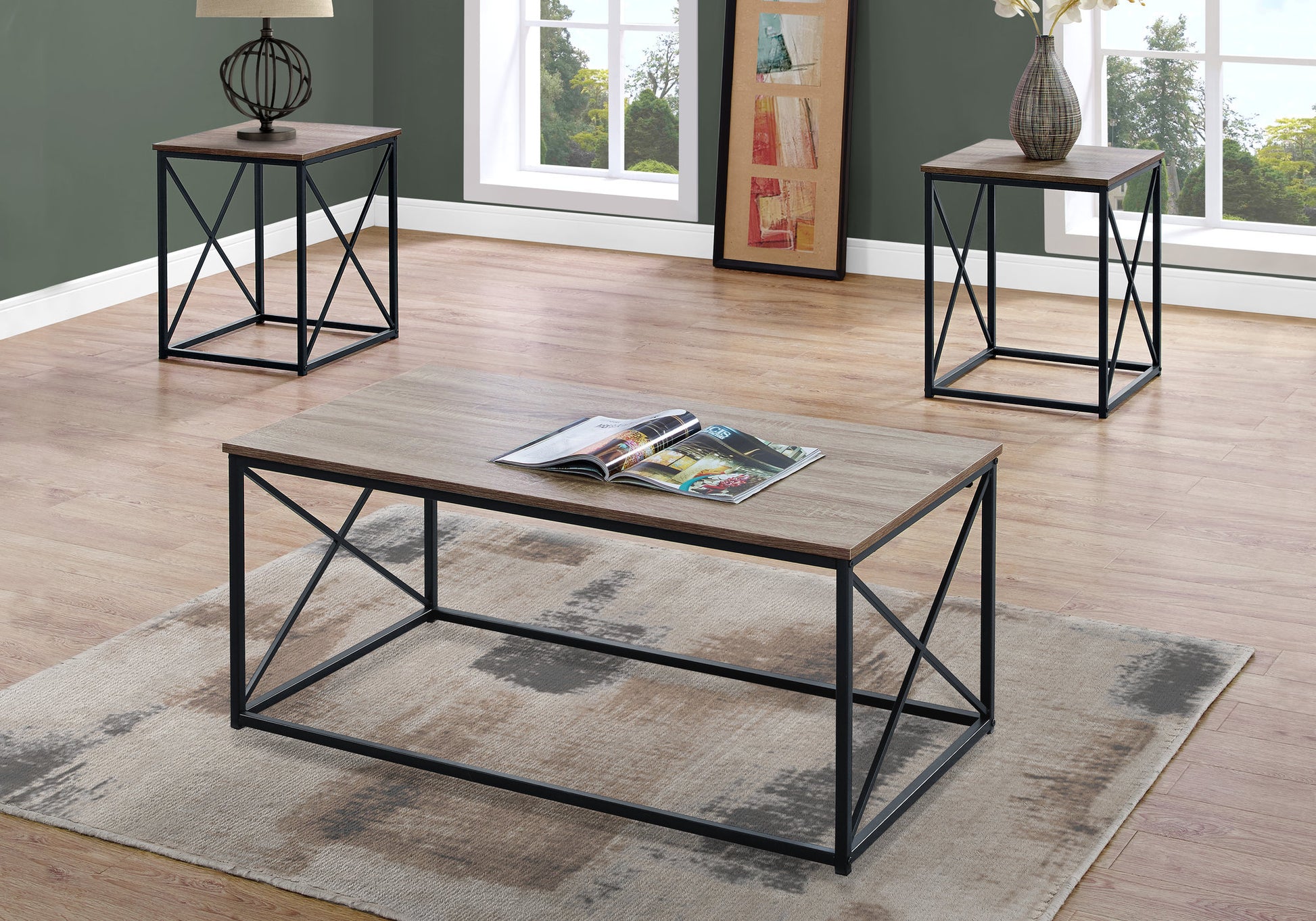Table Set, 3pcs Set, Coffee, End, Side, Accent, Living Room, Brown Laminate, Black Metal, Contemporary, Modern