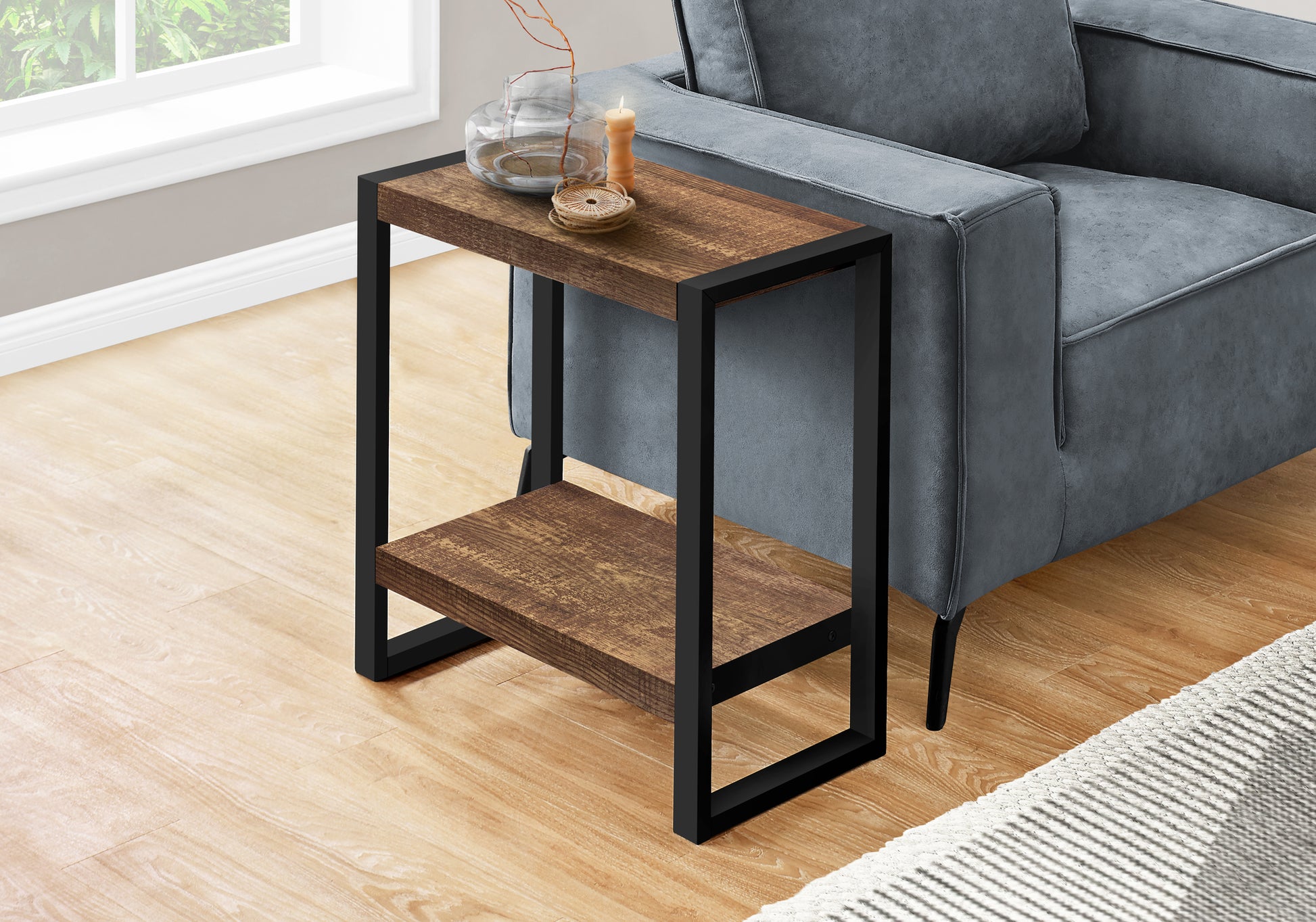 Accent Table, Side, End, Nightstand, Lamp, Living Room, Bedroom, Brown Laminate, Black Metal, Industrial