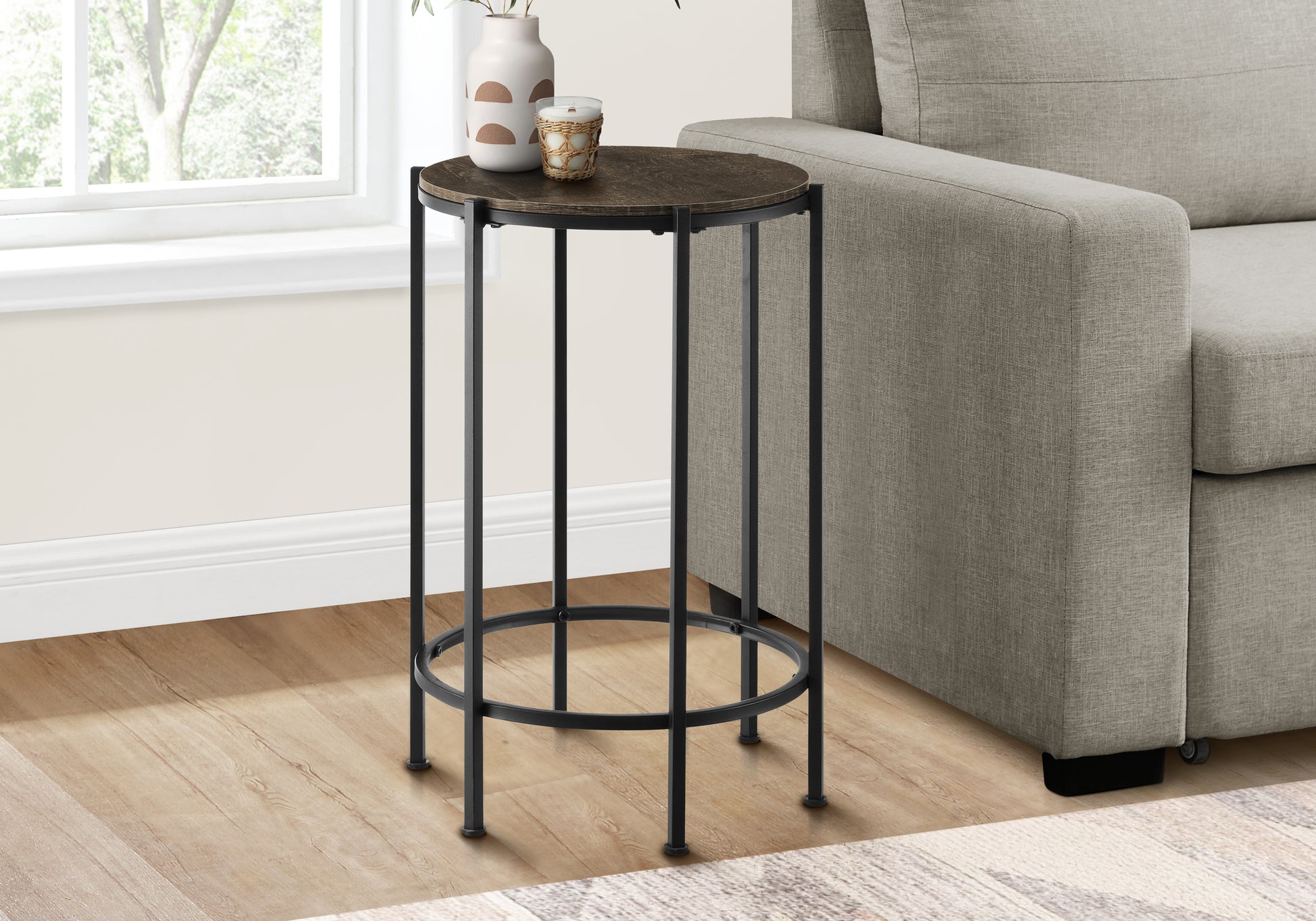 Accent Table, End, Round, Side Table, Small, Lamp, Living Room, Bedroom, Nightstand, Dark Oak Laminate, Black Metal, Contemporary