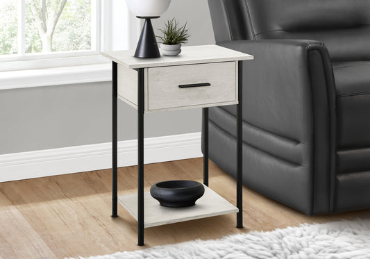 Accent Table, 2 Tier, End, Lamp, Living Room, Side Table, Storage Drawer, Small, Washed Oak Laminate, Black Metal, Contemporary