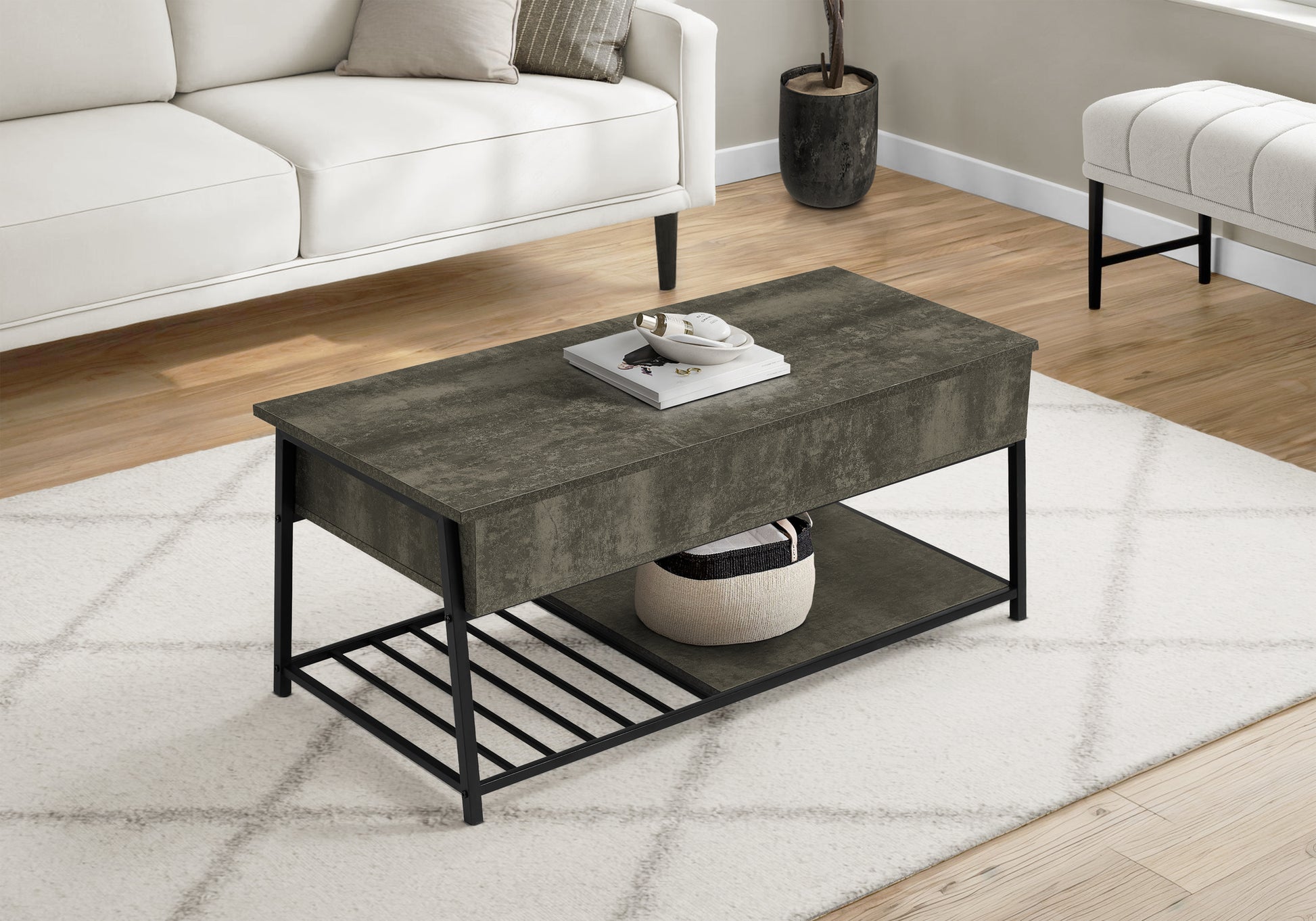 Coffee Table, 42" L, Cocktail, Lift-top, Rectangular, Storage, Living Room, Dark Bronze Laminate, Black Metal, Contemporary, Modern