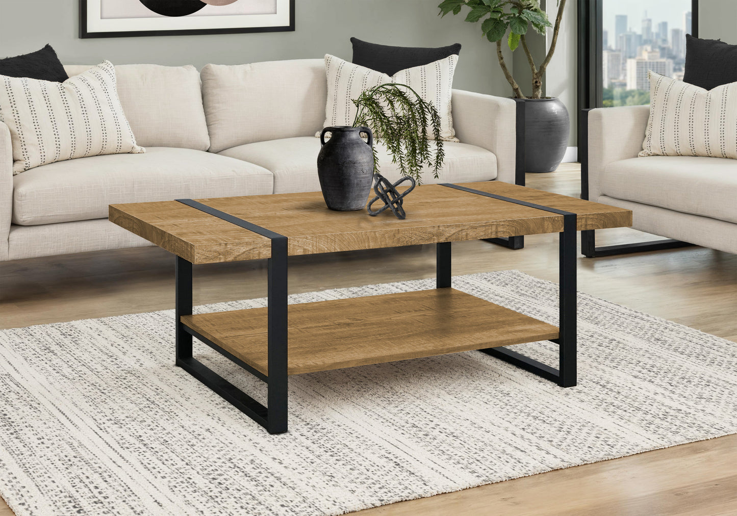 Coffee Table, Accent, Cocktail, Rectangular, Living Room, 48"l, Mango Wood-look, Black Metal, Contemporary, Modern