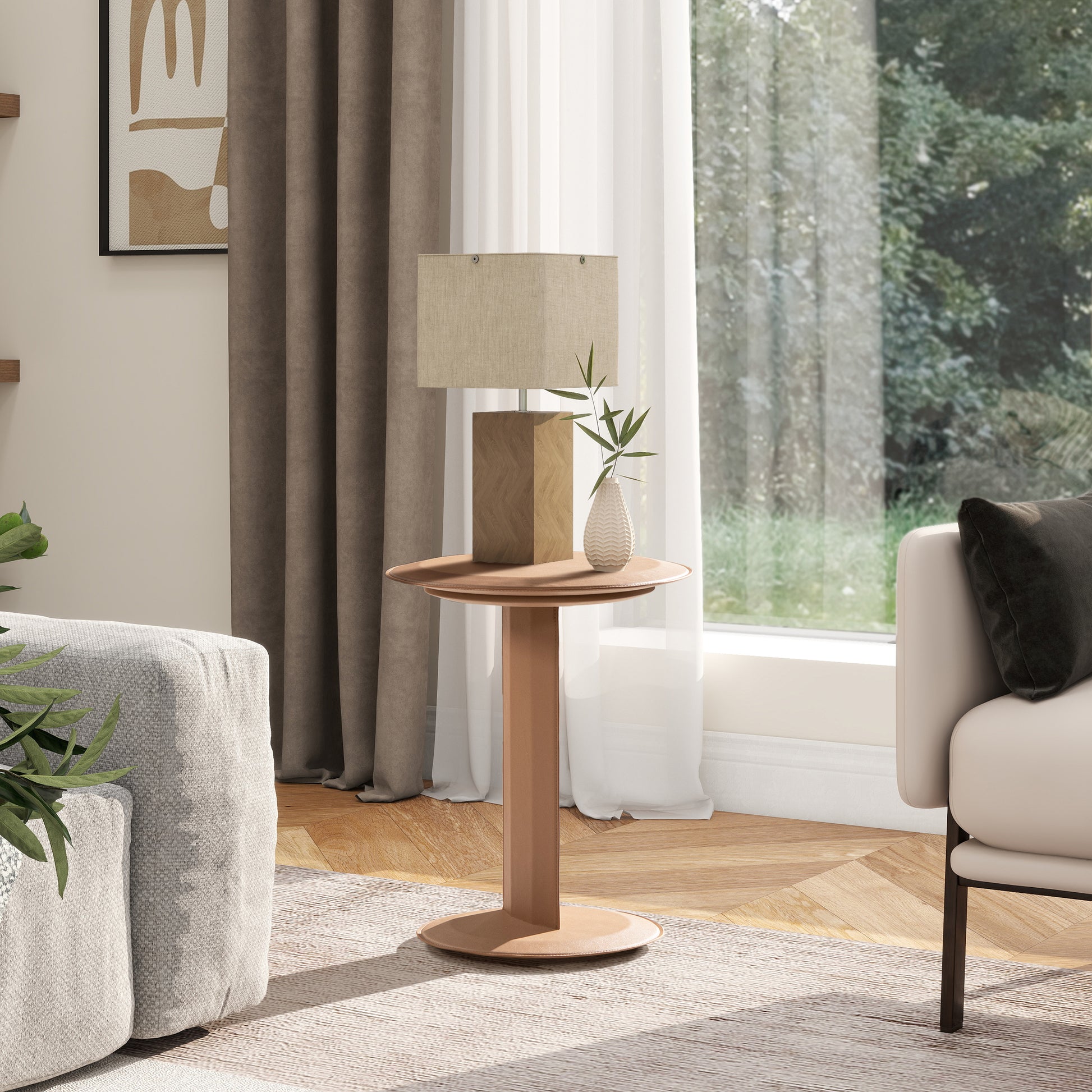 Mode 18" Leatherette Round C-Shaped Sofa Side Table, Saddle Brown Faux Leather