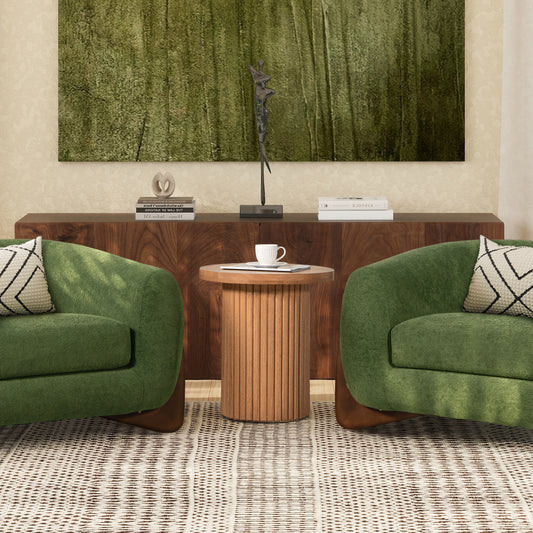 Kenzie 19.5" Fluted Pillar Round Accent Side Table, Light Natural Brown Rubberwood