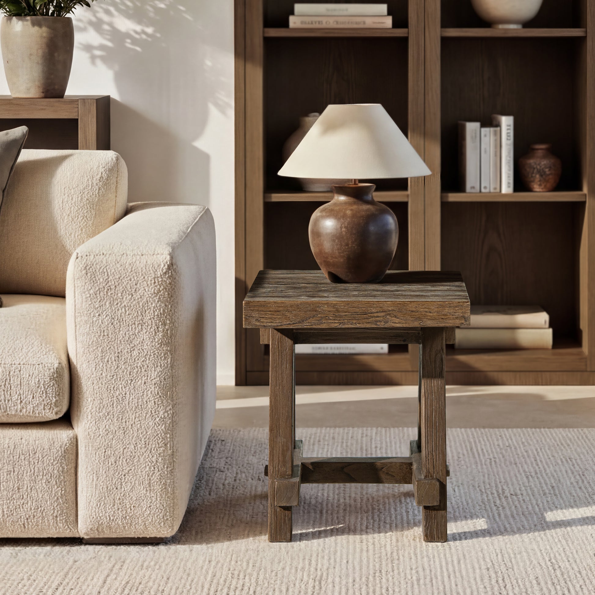 Hawthorne 18" Square Reclaimed Elm Trestle Side Table, Heritage Medium-Dark Brown