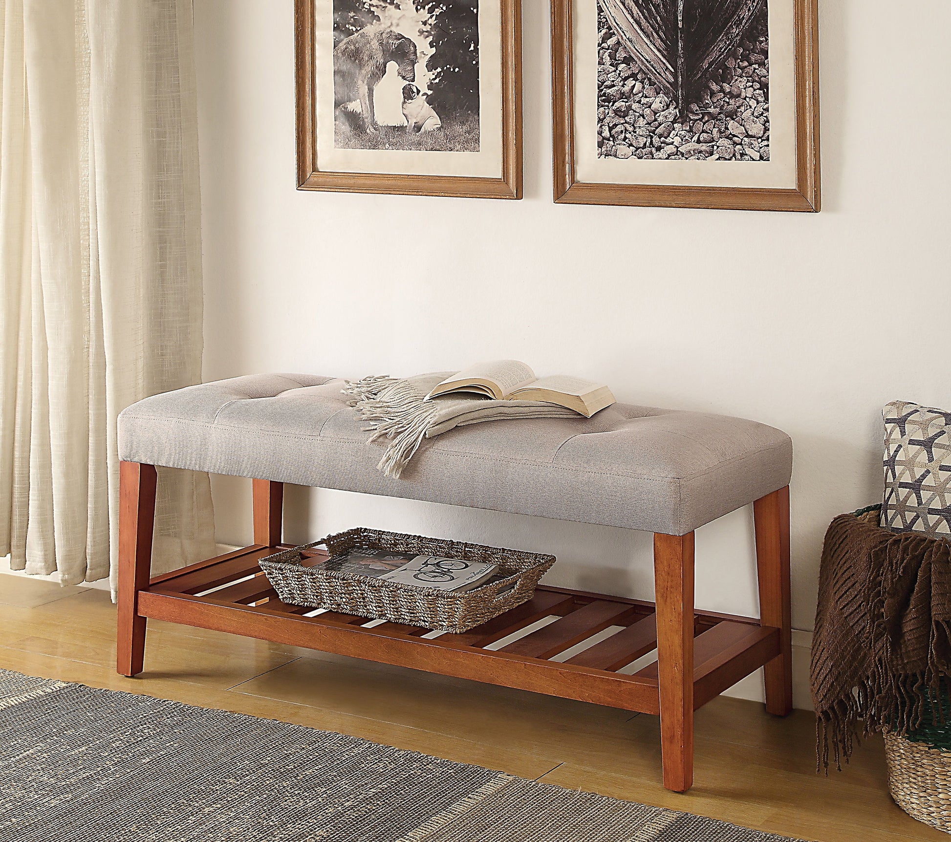 Charla Light Gray Fabric & Oak Finish Bench