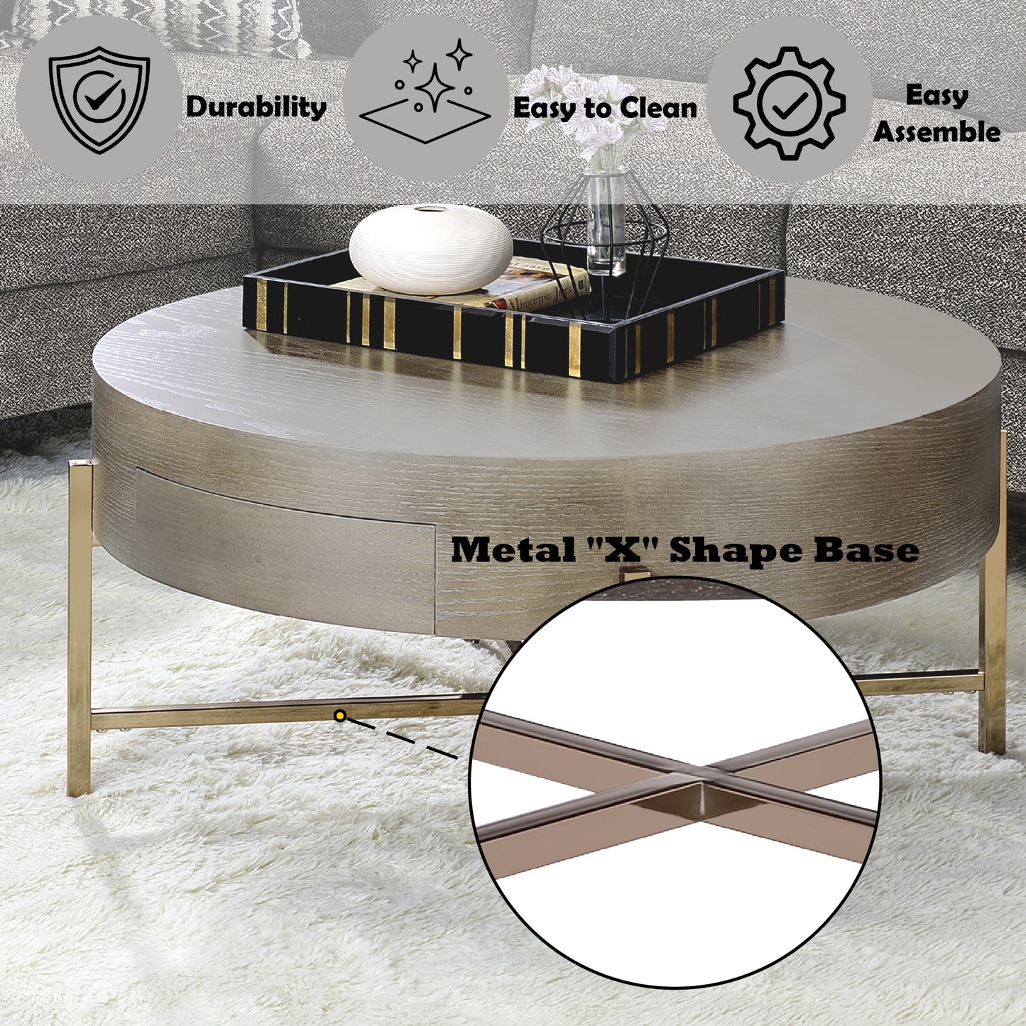 Champagne Light Brown Drum Coffee Table with Storage