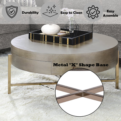 Champagne Light Brown Drum Coffee Table with Storage