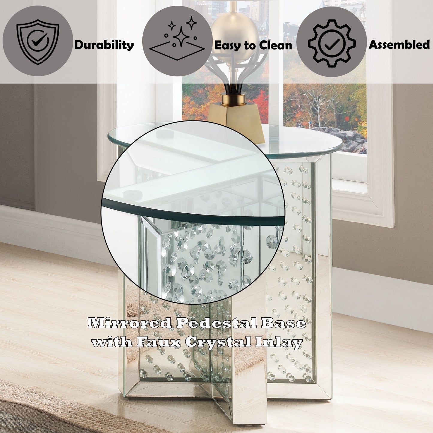Silver Mirrored End Table - Glass Top, Round Design