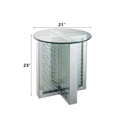 Silver Mirrored End Table - Glass Top, Round Design