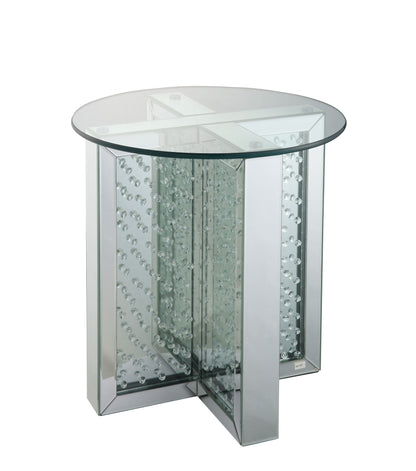 Silver Mirrored End Table - Glass Top, Round Design