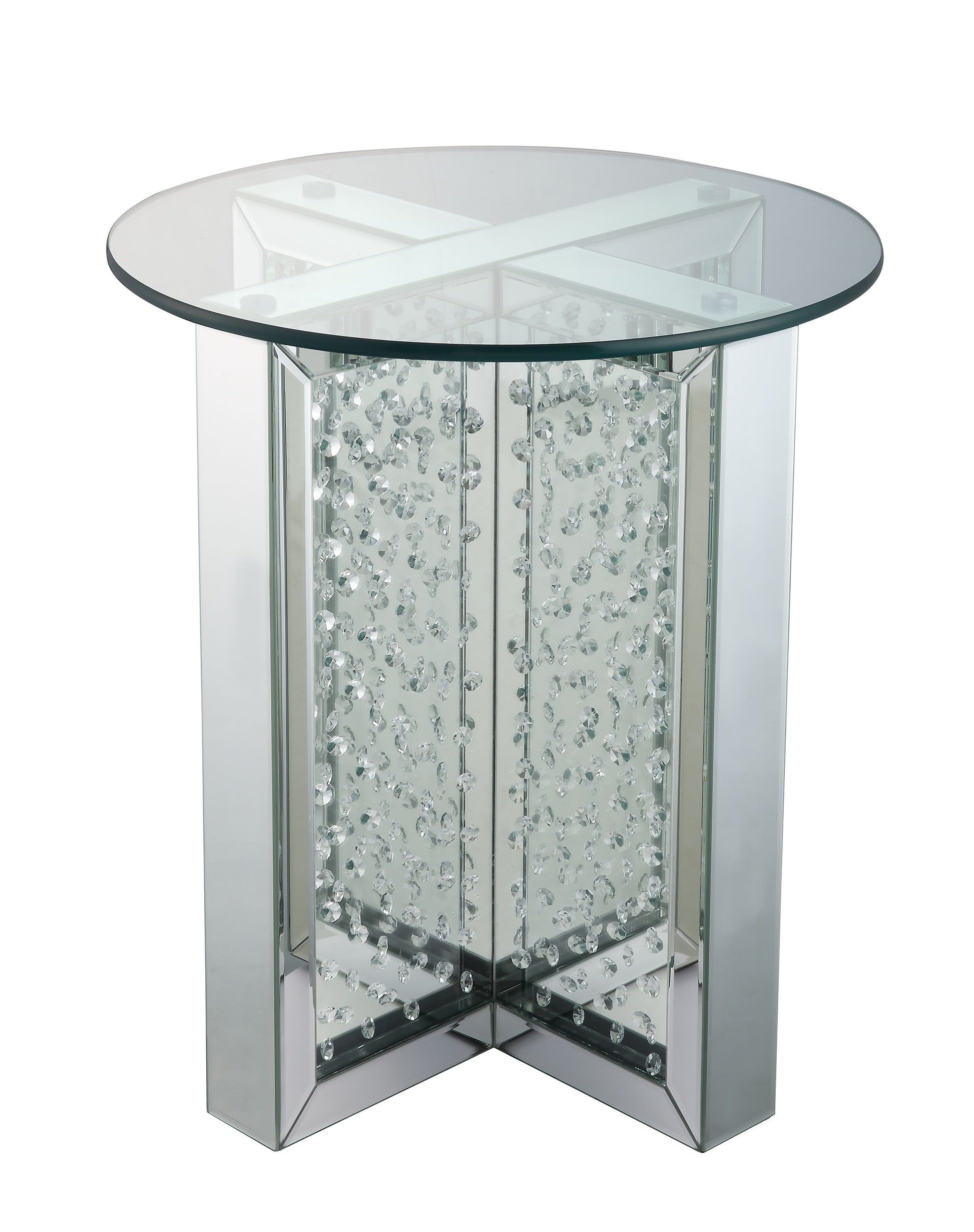 Silver Mirrored End Table - Glass Top, Round Design