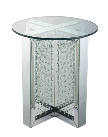Silver Mirrored End Table - Glass Top, Round Design