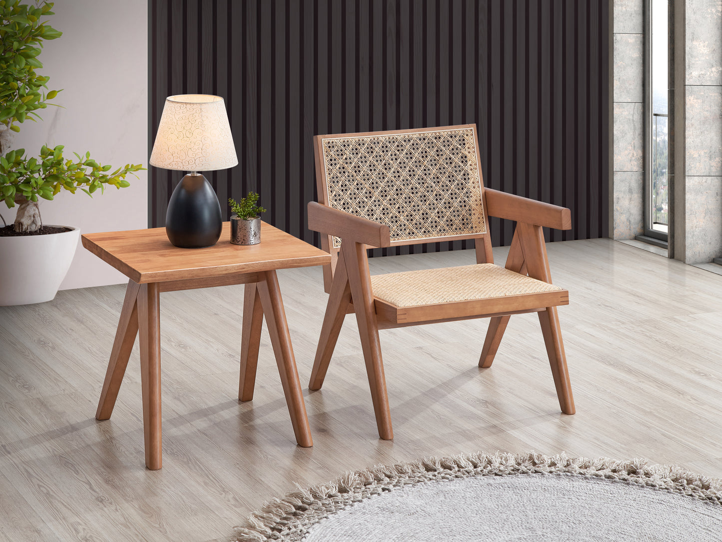 Mid-Century Modern Rattan Wood End Table for Living Room Accent