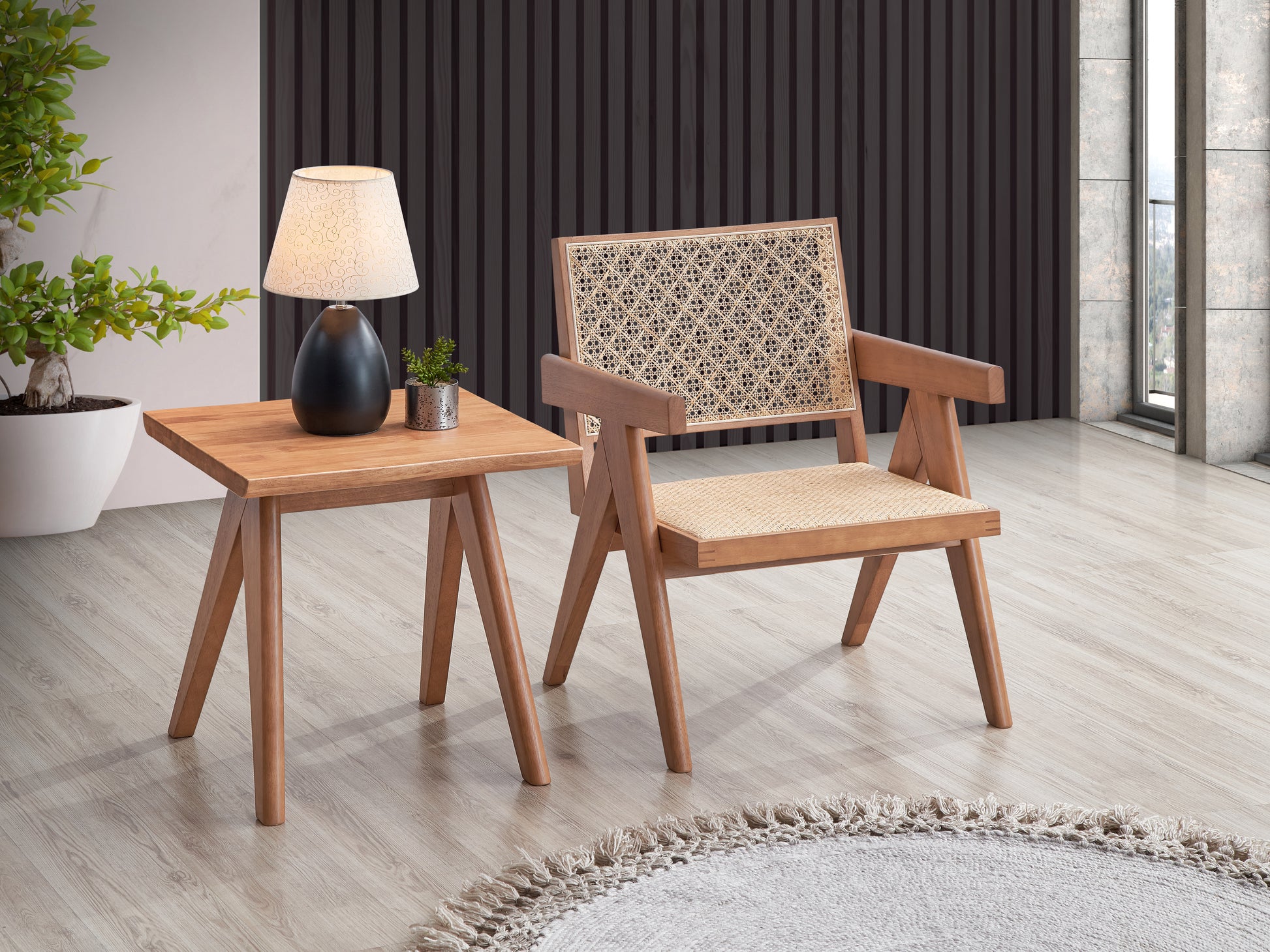 Mid-Century Modern Rattan Wood End Table for Living Room Accent