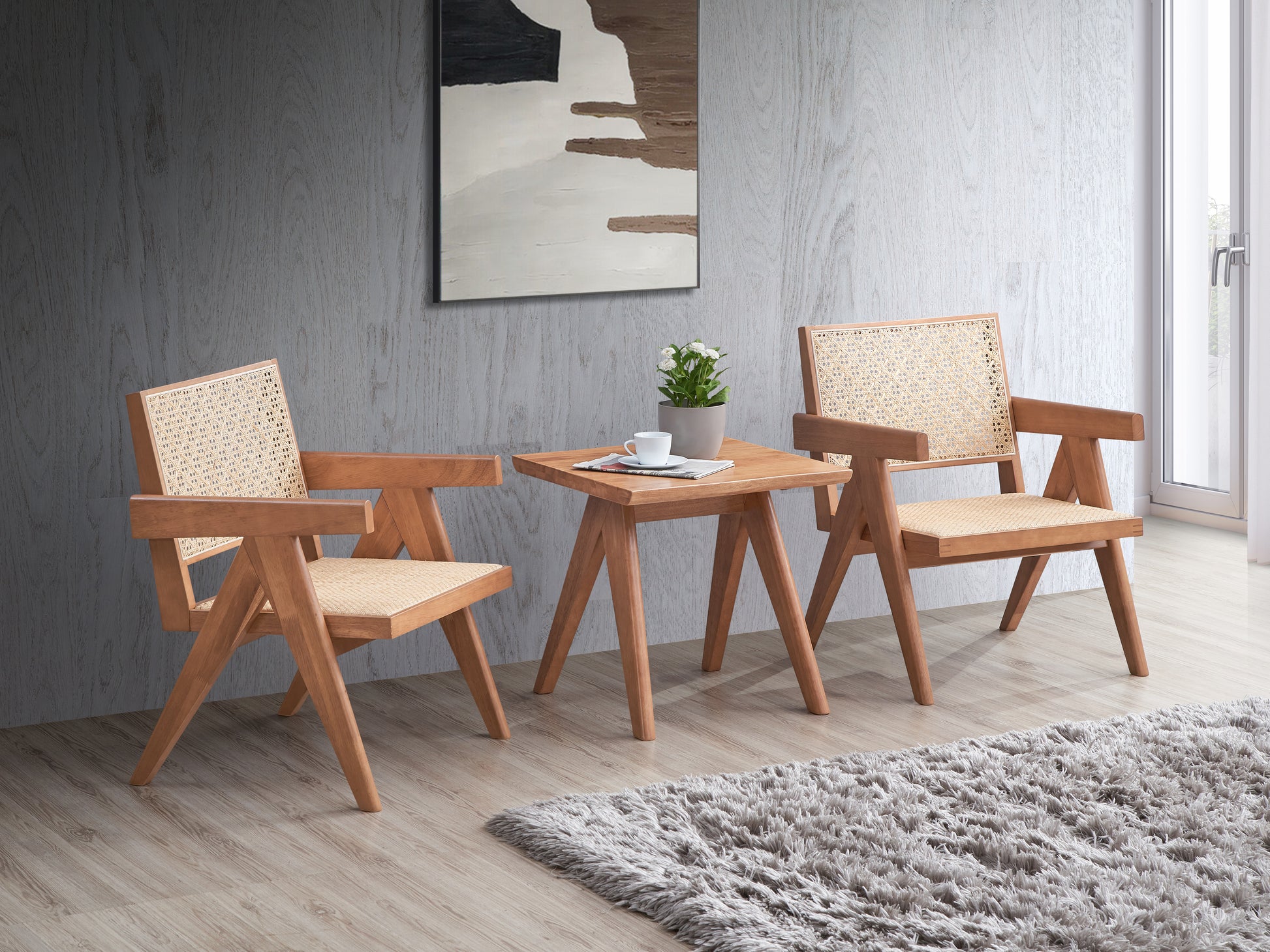Mid-Century Modern Rattan Wood End Table for Living Room Accent