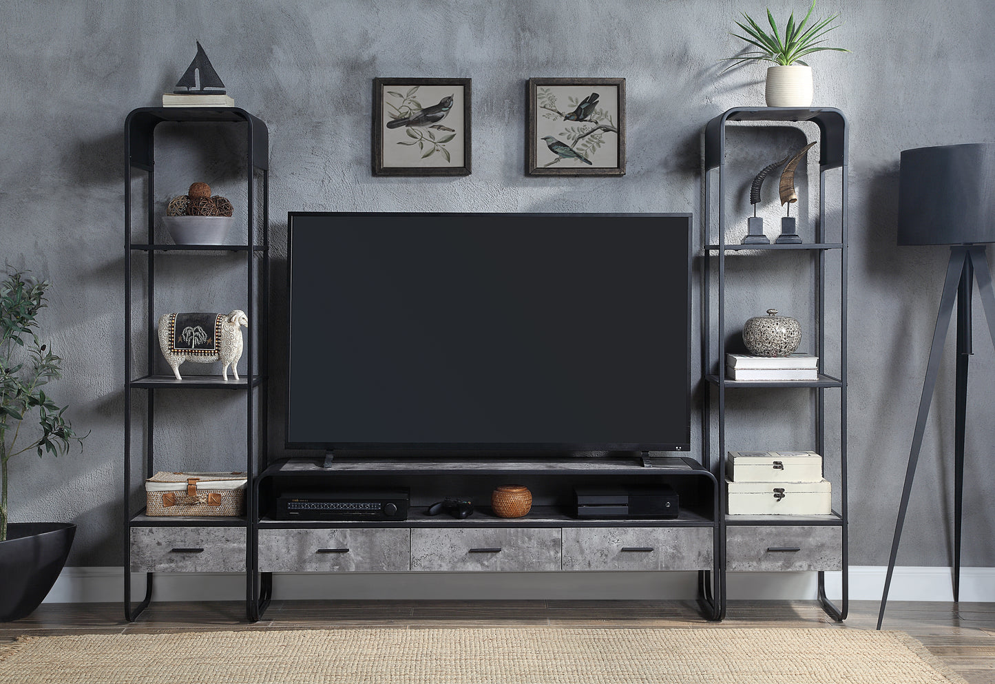 Black Gray Metal Wood TV Stand with Drawer & Shelves for Living Room