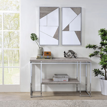 Oak Rectangular Sofa Table - Chrome Metal Frame for Living Room
