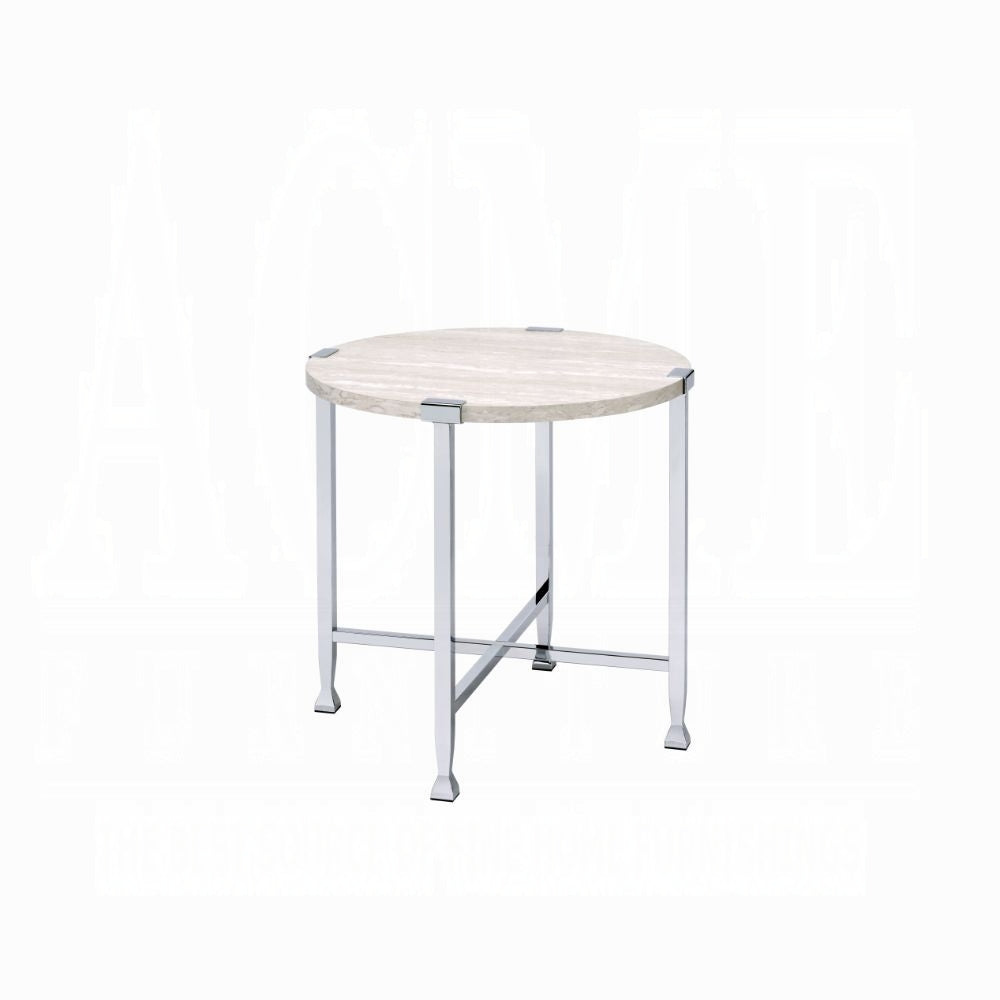 Round White Oak End Table - Chrome Metal Frame for Living Room