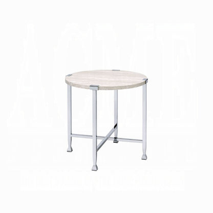 Round White Oak End Table - Chrome Metal Frame for Living Room