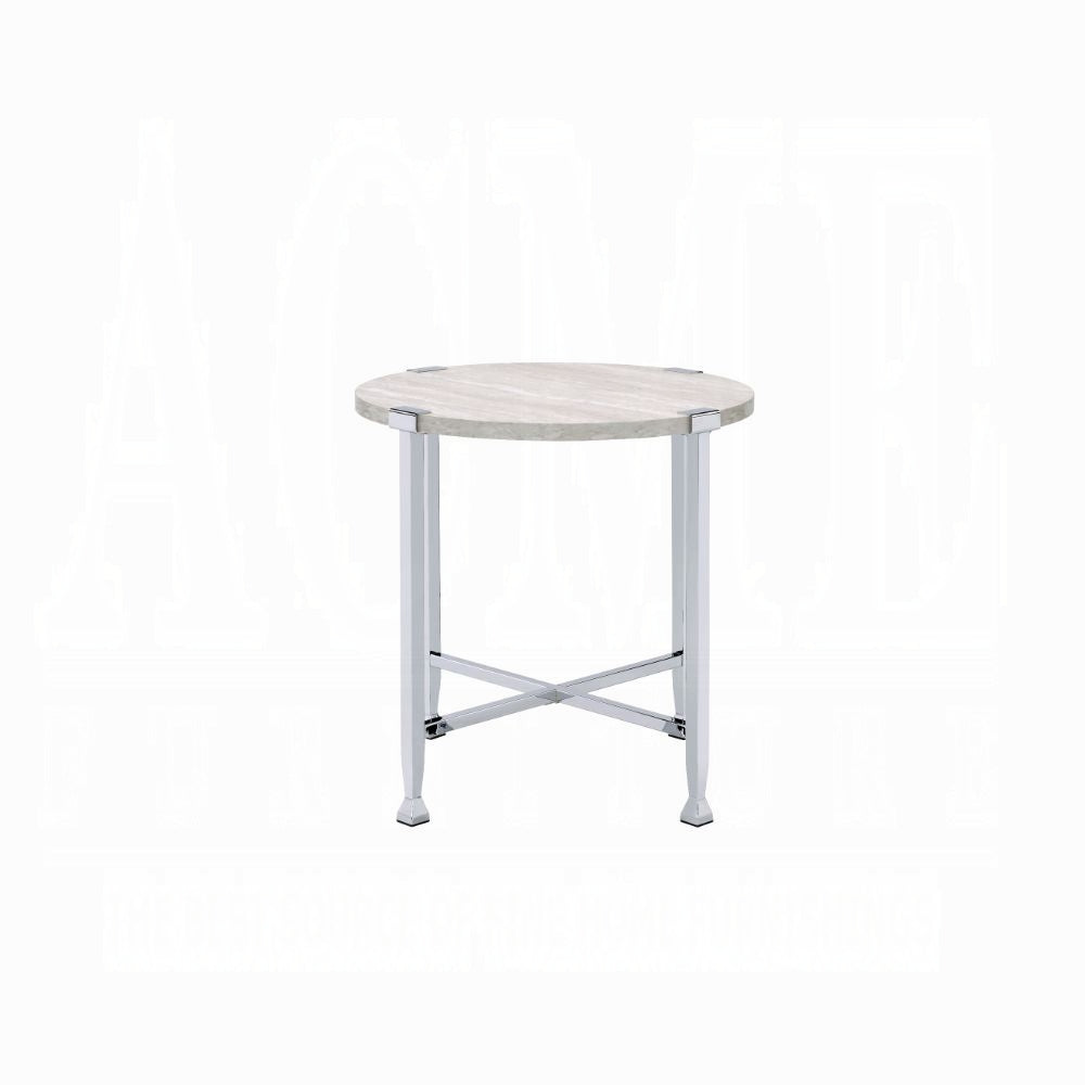 Round White Oak End Table - Chrome Metal Frame for Living Room
