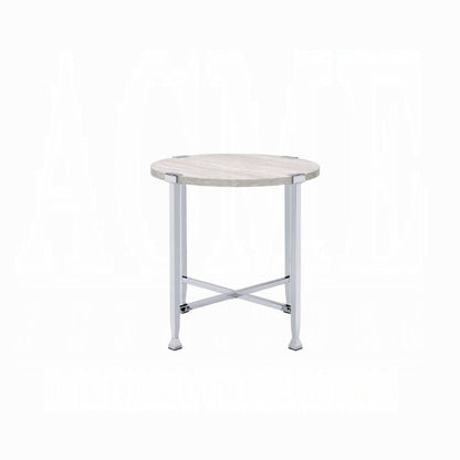 Round White Oak End Table - Chrome Metal Frame for Living Room
