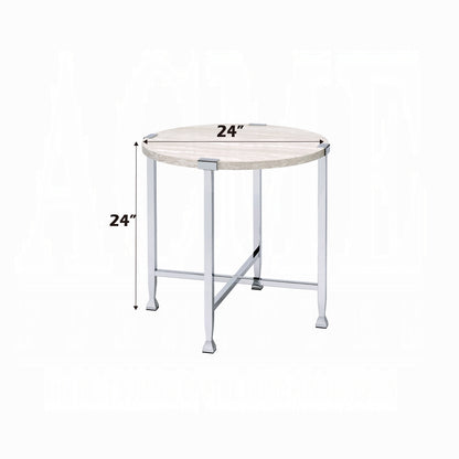 Round White Oak End Table - Chrome Metal Frame for Living Room
