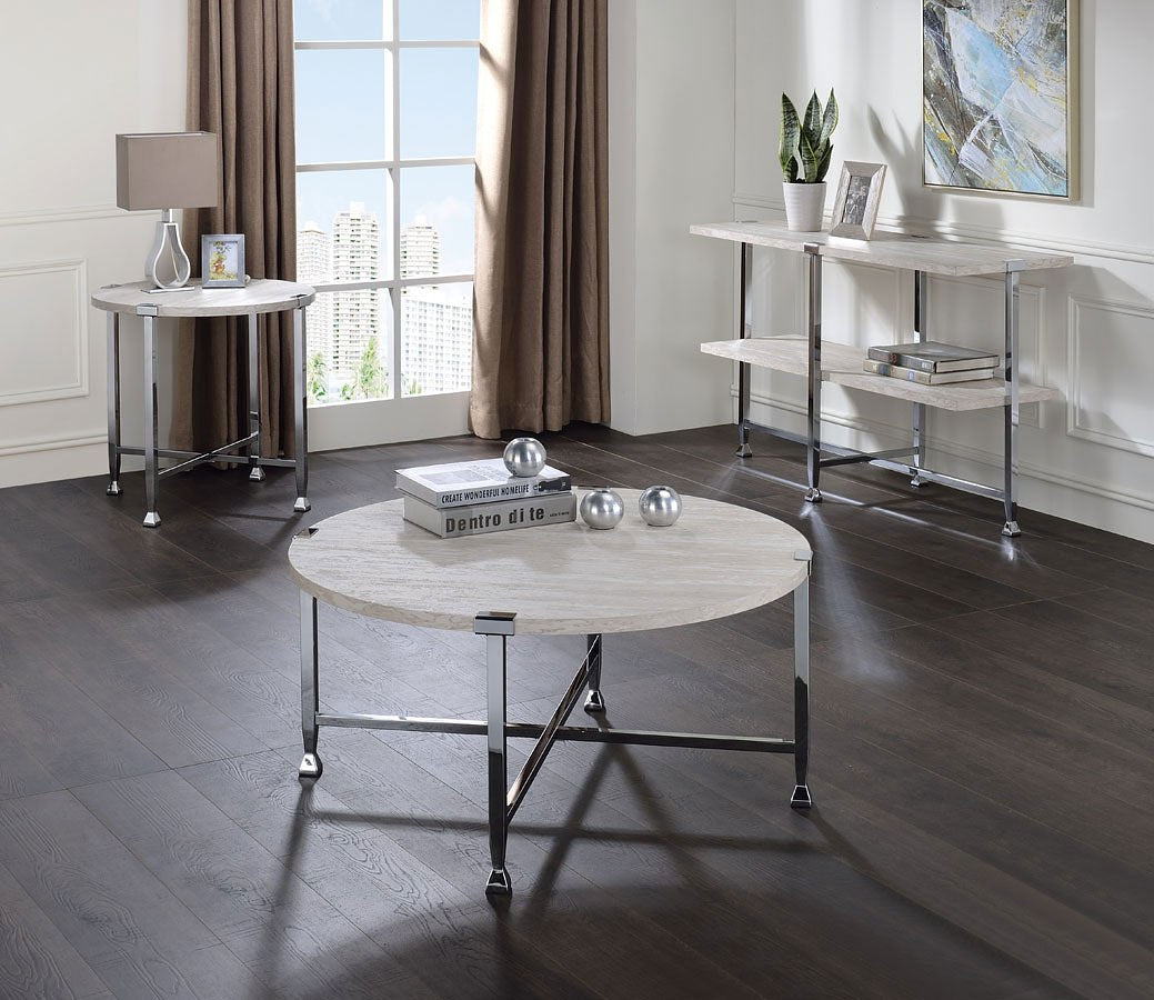Round White Oak End Table - Chrome Metal Frame for Living Room